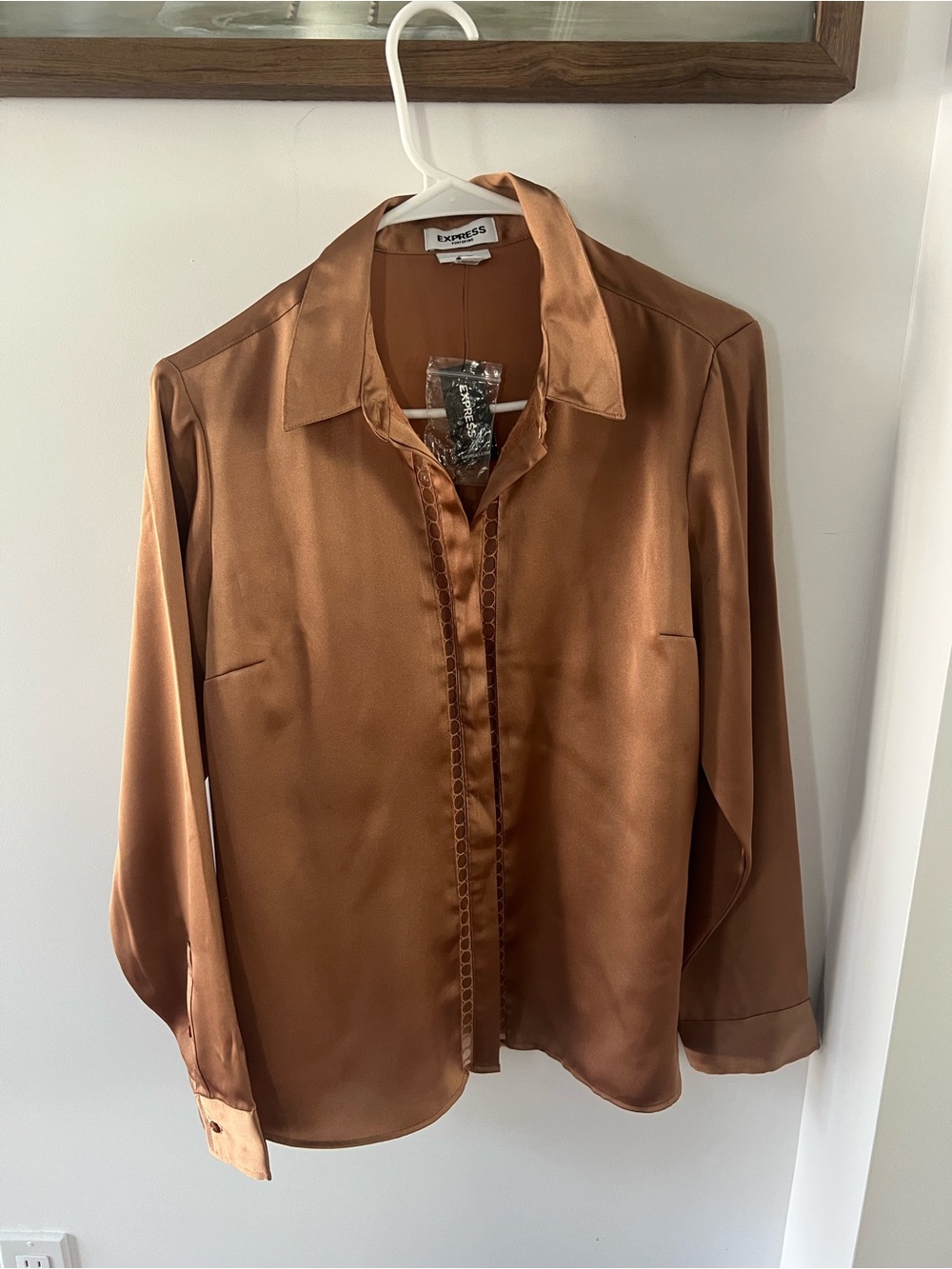 Express Satin Button-Front Shirt in Copper Brown